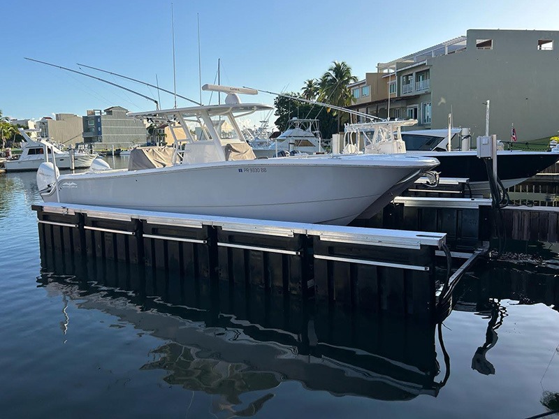 Floating boat lift viewed from the dock